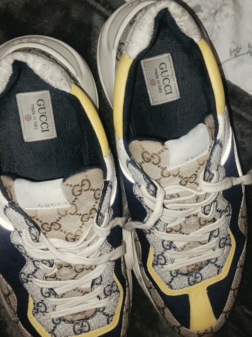 Gucci Rhyton Beige Navy Yellow GG Monogram Canvas Chunky Sneakers Men Casual 12